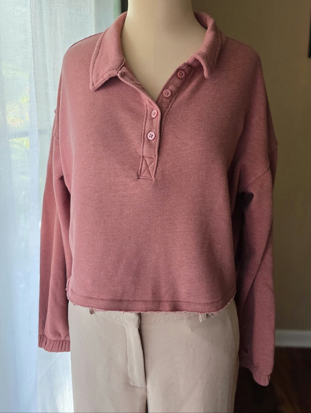 SO Lounge Life Polo Sweatshirt Mauve Fleece Cropped Pullover Comfort Womens XS‎
